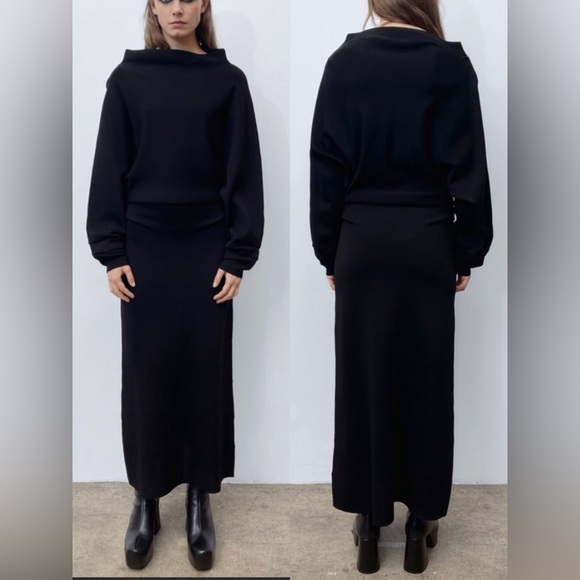 SOLD OUT NWT ZARA AW21 BLACK KNIT DRESS WITH RUCHING (6873) - Picture 3 of 10